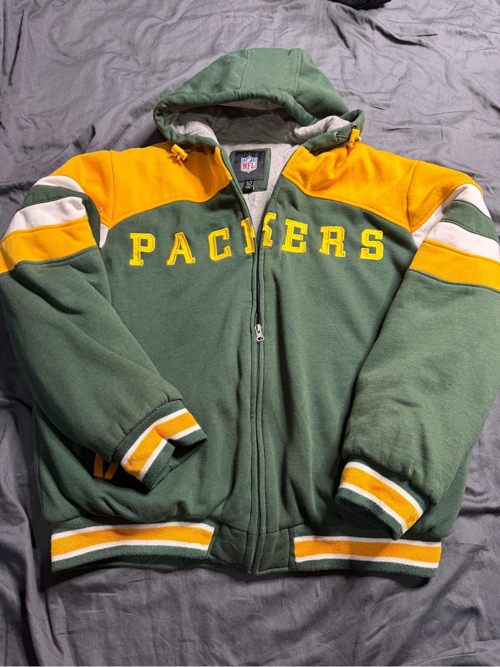 NFL Green & Yellow Packers Hooded Bomber Jacket with White Accents